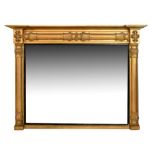 19th Century giltwood and gesso overmantel mirror, the inverted breakfront cornice over split pillar