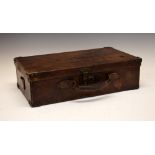 19th Century hide cartridge case or magazine, the rectangular top with brass corners and central