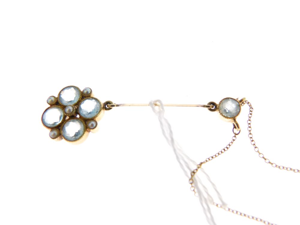 Edwardian aquamarine and seed pearl cluster pendant, tagged '15', on a knife edge suspension to an - Image 2 of 3