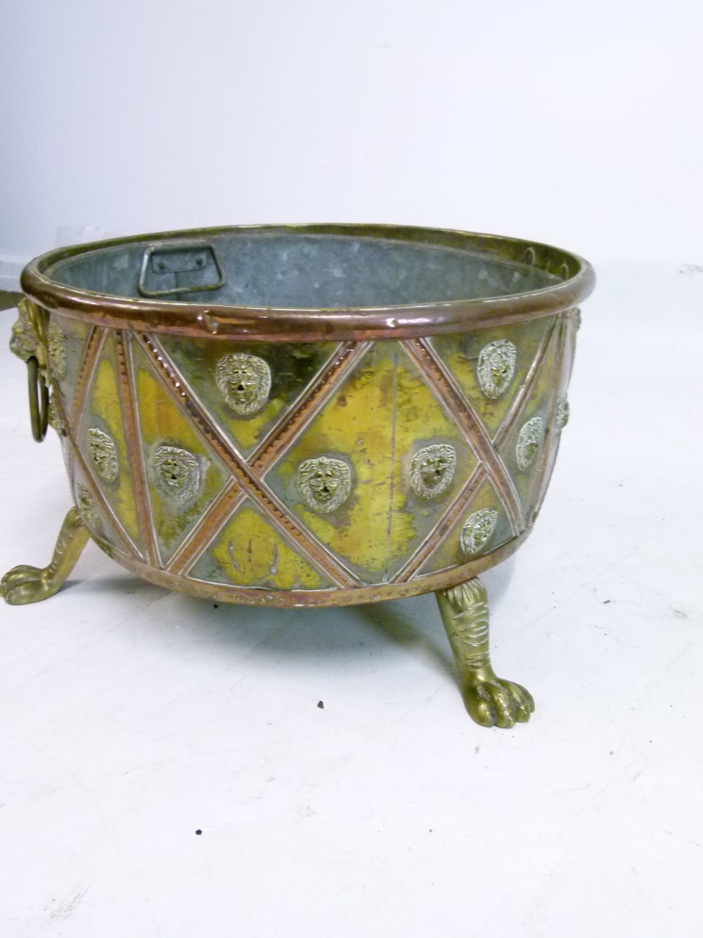 Unusual 19th Century brass and copper log bin or jardiniere, of circular form with lion mask - Image 2 of 11