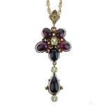 Victorian garnet and chrysolite drop pendant, 5.5cm long including the bale, on a later chain, in