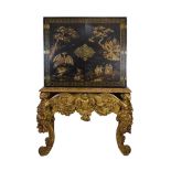 Good early to mid 18th Century STYLE black-lacquered Chinoiserie cabinet, the hinged doors decor