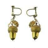 Pair of Victorian unmarked acorn drop earrings, unmarked, on later screw fittings, 2.8cm long, 3.