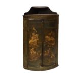 18th Century green-lacquered bowfront hanging corner cabinet, the shaped superstructure with shelf