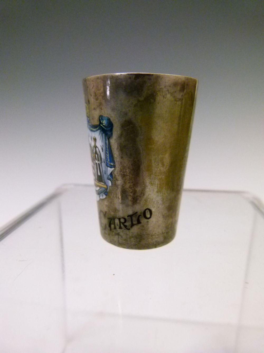 Continental white metal tot beaker of tapering cylindrical form with enamel arms of 'Monte Carlo', - Image 3 of 8