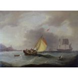 19th Century English School - Oil on canvas - Vessel in stormy seas off a coastal headland,