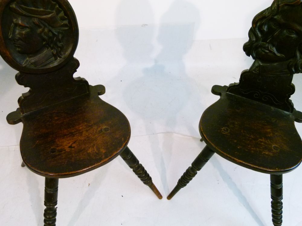 Two unusual 19th Century oak hall chairs, in the 'Romayne' tradition, one with oval back and - Image 5 of 10