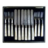 Cased set of six late Victorian mother-of-pearl handled silver fruit knives and forks, in the