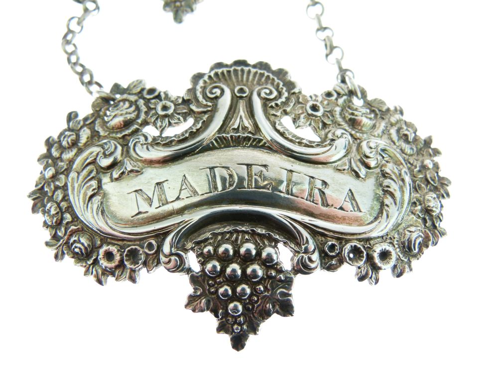 Pair of George III silver spirit labels for Madeira and Bucellas, each with fruiting vine border, - Image 2 of 7