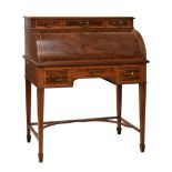 Maple & Co. - Early 20th Century inlaid mahogany cylinder bureau, the satinwood-crossbanded, ebony