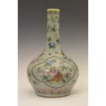 Chinese porcelain celadon-glazed Famille Rose vase, of bulbous form with tall cylindrical neck,