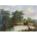 Robert Burrows (fl.1851-1856) - Oil on canvas - Lock scene with two figures fishing, signed and