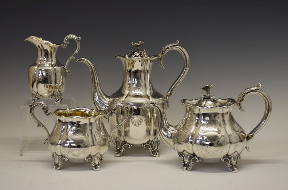 Victorian silver four piece tea set, of shaped baluster form with scroll handles, engraved