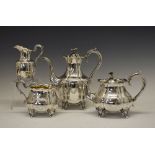Victorian silver four piece tea set, of shaped baluster form with scroll handles, engraved