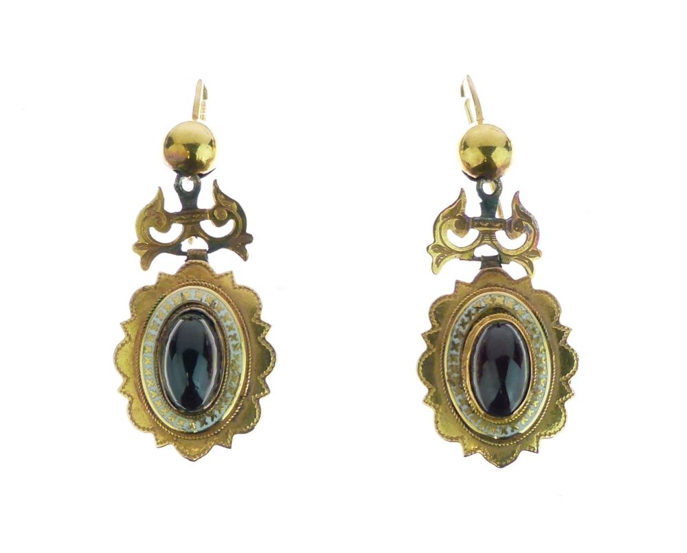 Pair of Victorian garnet and enamel drop earrings, with a scroll top fitting Condition: Unmarked