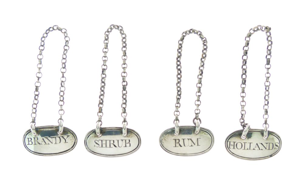 Set of four George III silver spirit labels, for Brandy, Rum, Shrub and Hollands, London 1799,