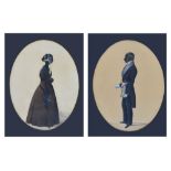 Pair of Victorian watercolour full length silhouettes - Portrait of a lady wearing lace shawl and