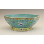 Chinese porcelain hexagonal footed bowl, probably 19th Century, with duck egg blue interior, the