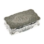 Late Victorian silver snuff box, of wavy outline with hinged cover centred by a cartouche, within