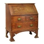 Maple & Co - Arts & Crafts/Art Nouveau inlaid oak bureau, the moulded rectangular top over