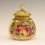 Royal Worcester porcelain pot pourri, hand-painted with peaches and cherries beneath gilt arcades,