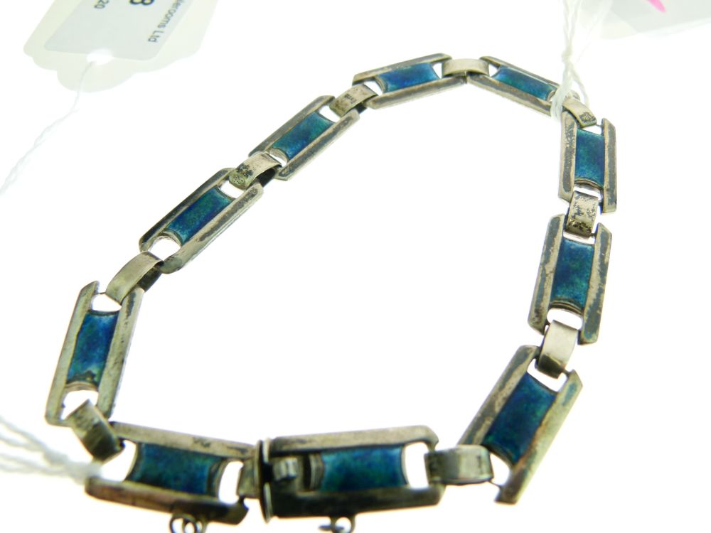 Art Nouveau enamel bracelet, in the style of J. Fenton, unmarked, silver coloured metal, 20.4cm long - Image 2 of 6