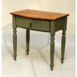 Pine-top bowfront occasional table with single drawer on fluted supports, later-painted, 76cm wide