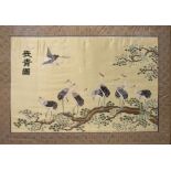 Oriental embroidered silk rectangular panel depicting nine cranes with woven border, 66cm x 94cm,