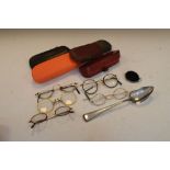 Assorted cased spectacles and pince-nez, plus a Continental white metal spoon (6)