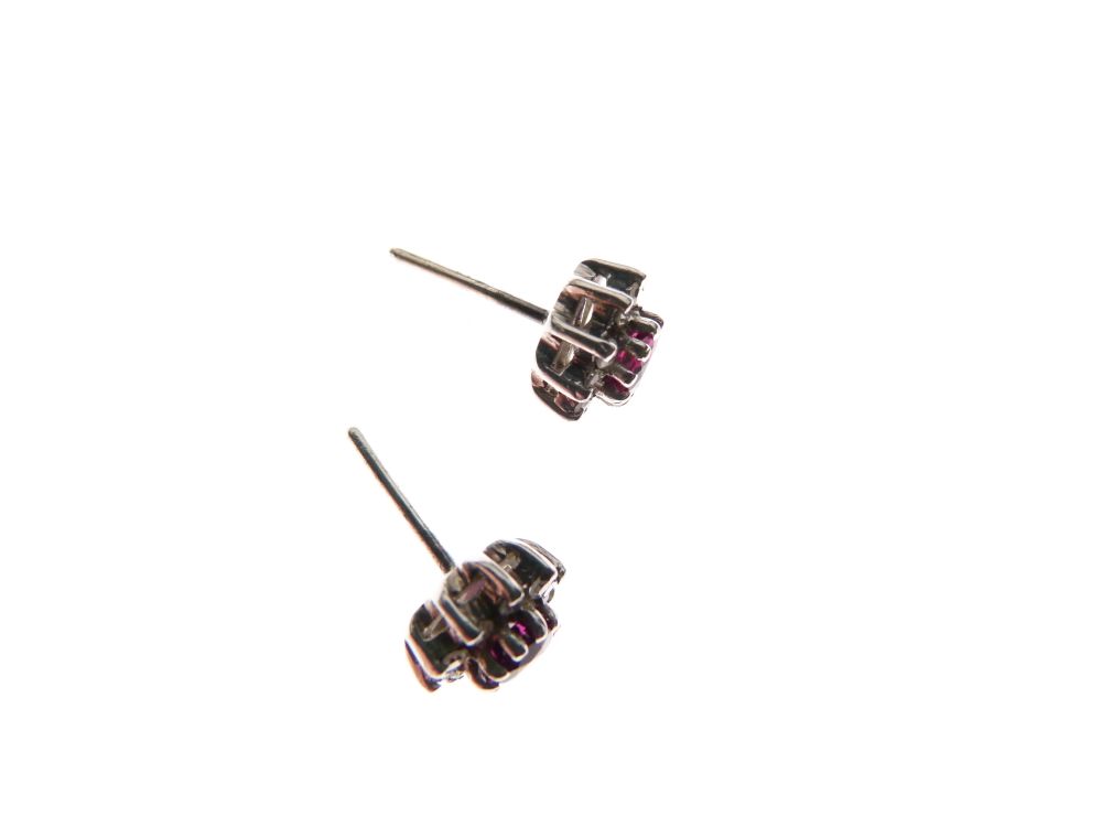 Pair of unmarked white metal, ruby and diamond ear studs (lacking keepers), 3.2g gross approx - Image 2 of 3