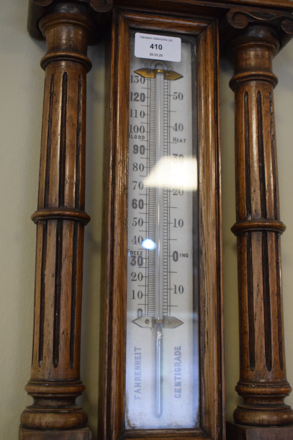 Late 19th/early 20th Century oak cased barometer having ceramic register plates and with mercury - Image 3 of 6