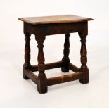 Antique oak joined stool having rectangular top and carved frieze, 44cm wide x 46cm high