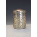 White metal cylindrical pot with cover, having wave decoration, marked beneath 'Bida', possibly