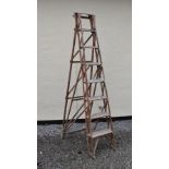 Pitch pine folding step ladder, 'The Hatherley Patent Lattistep', 228cm high