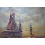 20th Century English School - Oil on canvas - Sailing ships at dusk, 70cm x 80cm, unframed