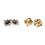 Two pairs of unmarked yellow metal ear studs, one set with sapphire-coloured stones (all lacking