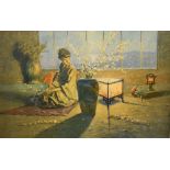 Mid 20th Century coloured print of an Oriental female sat before a lantern, in a good quality gilt
