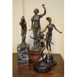 Three reproduction bronze female figures on marble bases, together with an early 20th Century