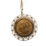 Gold Coin - Elizabeth II sovereign 1968, within yellow metal filigree mount with fine chain, 16.3g