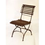 Vintage brown painted wrought iron and wooden slatted folding chair