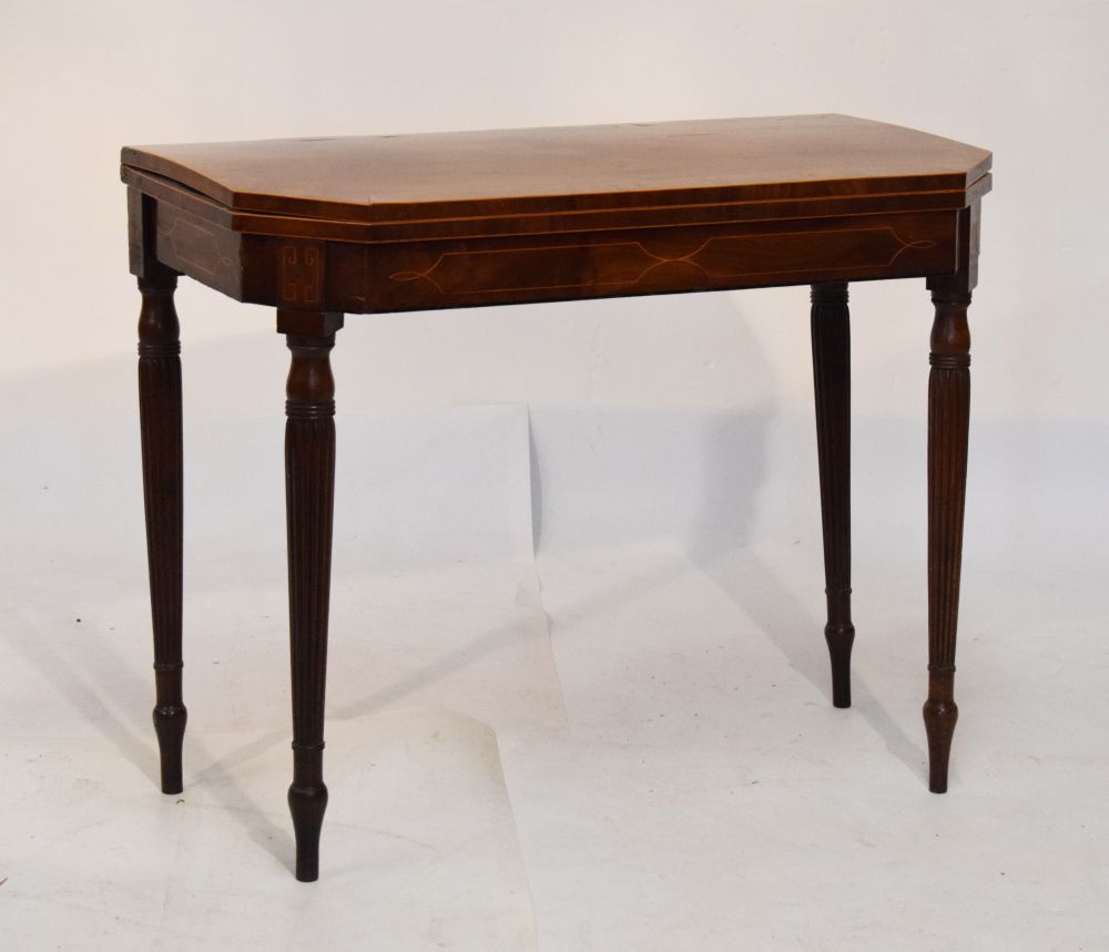 Early 19th Century mahogany and rosewood crossbanded string inlaid card table opening to reveal a