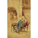 Gianni - Watercolour - An Italian courtyard scene with three elderly gentlemen playing cards,