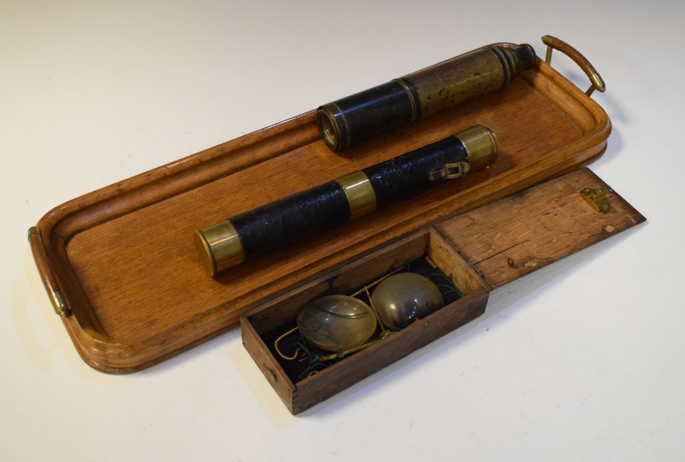 19th Century three-draw brass telescope, together with a Victorian flashlight, cased set of