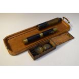 19th Century three-draw brass telescope, together with a Victorian flashlight, cased set of