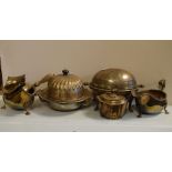 Small selection of plated ware to include a swivel bacon dish, muffin dish, brandy warmer etc
