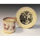 Royal Commemoratives - Queen Victoria puce transfer printed tankard, and a transfer printed dish