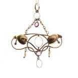 Art Nouveau yellow metal, ruby, pearl and moonstone pendant of organic design, stamped 9ct verso,