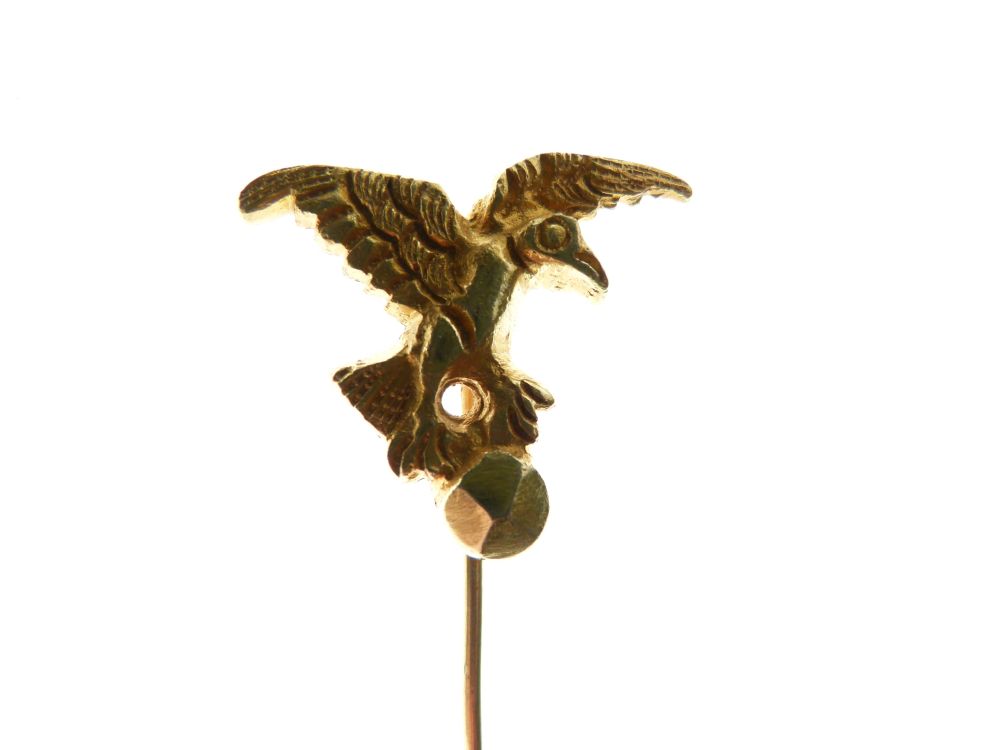 Two unmarked yellow metal stickpins, one cast with an elephant beneath a palm tree, the other a bird - Image 2 of 4