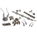 Assortment of marcasite and paste-set jewellery, in box of George Pragnell, Stratford-upon-Avon