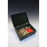 Green Morocco jewellery box containing an assortment of dress and costume jewellery, including three